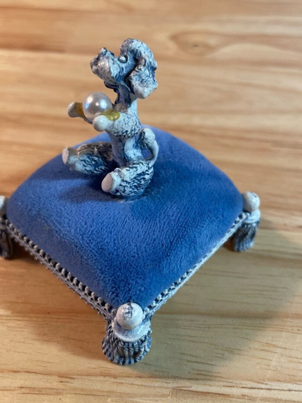 Vintage Florenza Poodle Pincushion Blue Fabric Faux Pearl White Metal w/ Box